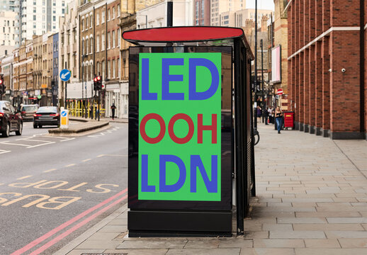 Mockup of a bus shelter with LED screen in London.