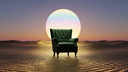 Elegant green armchair in a surreal desert landscape with large ethereal planet on horizon