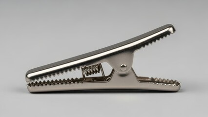 Metal alligator clip with serrated edges and spring mechanism on gray background