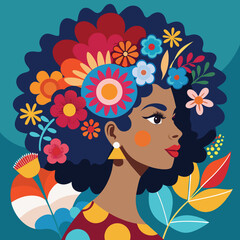 Black Woman Profile Portrait with Afro Hair Decorated with Colorful Flowers and Tropical Leaves © GraphicRiver99