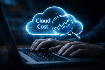 Cloud computing cost analysis with a glowing digital graph and hands typing on a laptop keyboard