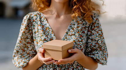 Woman in floral dress holding small brown cardboard gift box