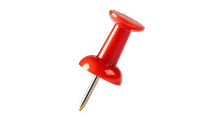 Bright red pushpin standing angled on a deep black background showcasing its sharp metallic pin and plastic head for office and school supplies