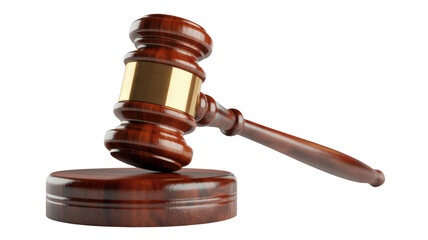 A finely crafted wooden gavel with a golden band rests on its round sound block against a stark black background under soft lighting representing just