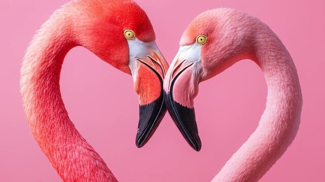 Two pink flamingos forming heart shape against pink background