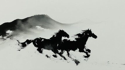 Traditional Chinese ink wash painting of two horses galloping together through clouds and mountains, symbol of strength and prosperity