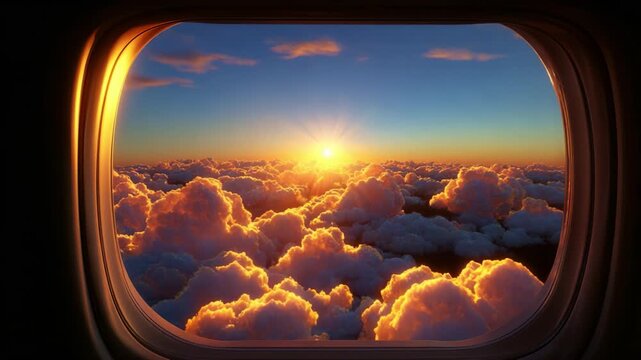 Stunning aerial view of a sunrise illuminating vibrant clouds, captured from an airplane window with a beautiful gradient sky transitioning into warm hues, creating a breathtaking natural spectacle.