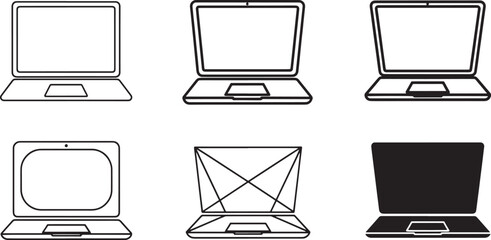 Set of six laptop icons and silhouettes in outline and solid styles