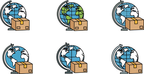 Global shipping and logistics concept with multiple earth globes and cardboard boxes