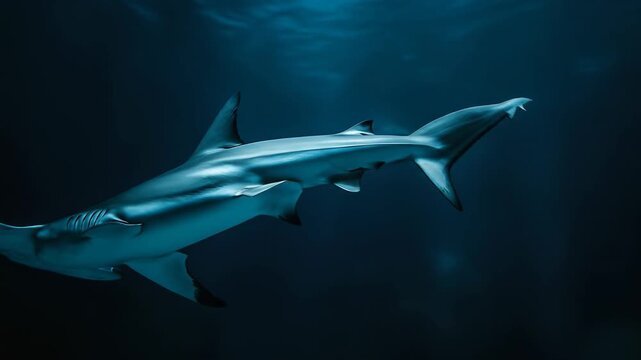 Underwater hammerhead shark swimming in deep blue ocean water