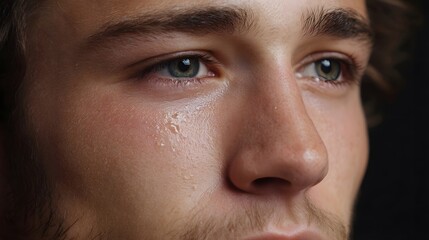 Fototapeta premium Close up of a young man s face with a tear glistening on his cheek conveying sadness and emotion
