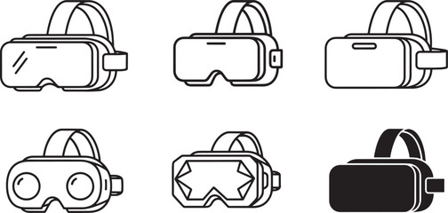 Set of six different virtual reality vr headset icons and symbols, outline and solid style, for augmented reality and gaming technology design