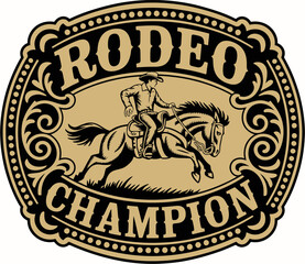 Rodeo champion belt buckle gold vector design featuring western style engraving for cowboy awards, country branding, trophy graphics, apparel, and classic rodeo illustration projects.