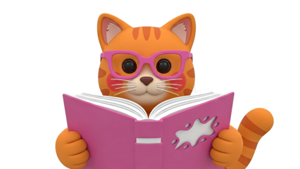 Cartoon cat wearing glasses reads a pink book