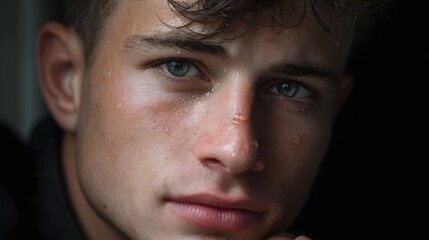 Obraz premium Close up portrait of a young man with clear water droplets glistening on his skin evoking a pensive mood