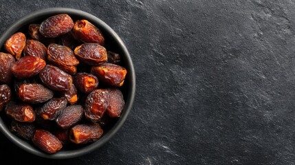 Bowl of dried fruit, including raisins and dates, sits on a dark surface. The bowl is filled with a variety of dried fruit, including some that are smaller than others