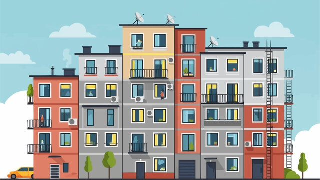 Colorful Apartment Buildings Facade With Windows And Balconies.