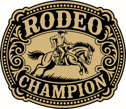 Rodeo champion belt buckle gold vector design featuring western style engraving for cowboy awards, country branding, trophy graphics, apparel, and classic rodeo illustration projects.