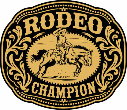 Rodeo champion belt buckle gold vector design featuring western style engraving for cowboy awards, country branding, trophy graphics, apparel, and classic rodeo illustration projects.