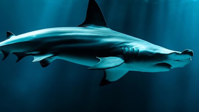 Underwater hammerhead shark swimming in deep blue ocean water