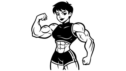 sport girl with big muscles and nice press showing off her body black and white vector illustration