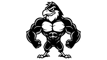 vector shape illustration of a bird with big muscles standing on two feet black and white tattoo type silhouette