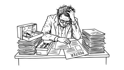 tired manager thinking how to make a new good post with lots of the papers on the table line art vector illustration