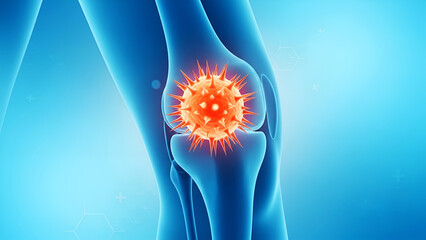 Orange virus particle infecting blue human knee joint bones infection