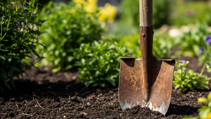 Rusty Shovel in Blooming Garden &ndash; Symbol of Growth and Seasonal Labor