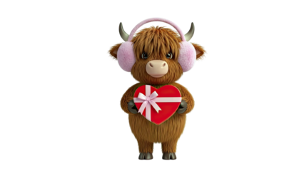 Cute Highland Cow with Heart-Shaped Chocolate Box and Pink Earmuffs
