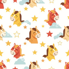 Fototapeta premium Cute horses, clouds, stars pattern, Chinese New Year, flat vector, no glow, 2026 trend