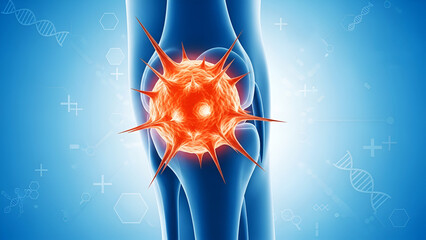 Red spiky virus cell on blue background with D N A and medical symbols orange