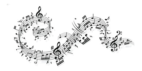 Vibrant musical clef with colorful splashes, notes, and drum, representing the dynamic energy of music and sound creation