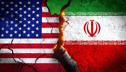 Cracked divide between US and Iran flags glowing with fiery tension.