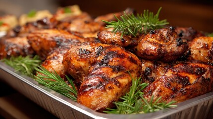 Tray of chicken wings with herbs on top. The chicken wings are cooked and ready to be eaten