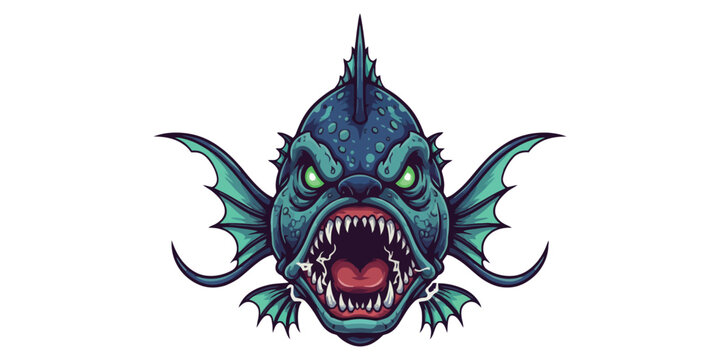 Fearsome Deep-Sea Creature with Sharp Teeth and Glowing Eyes, a Monstrous Aquatic Animal Illustration
