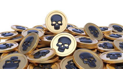 Gold coins with black skull designs piled up