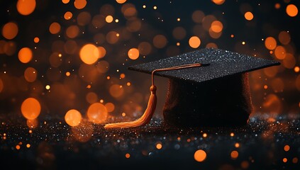 Graduation cap with gold tassel on dark background with sparkling lights black cap