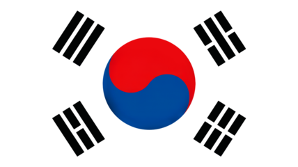 A detailed representation of the South Korean national flag the Taegeukgi showcasing the vibrant red and blue Taegeuk symbol and subtle black trigrams