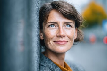 Woman smiles while leaning against a wall in a city during the day