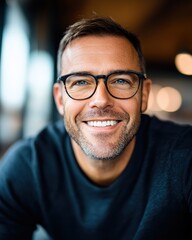 Smiling man with glasses enjoying time in a cafe during the day with warm lighting