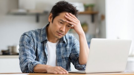 Man sitting at table looking stressed while working on laptop in home setting