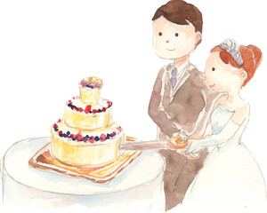 ウェディングケーキをカットする新郎新婦　ベクター