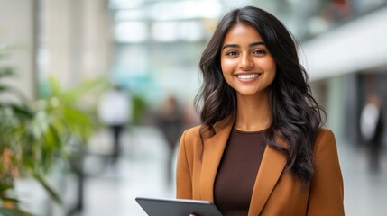 Woman holding tablet in modern building with plants and people in background