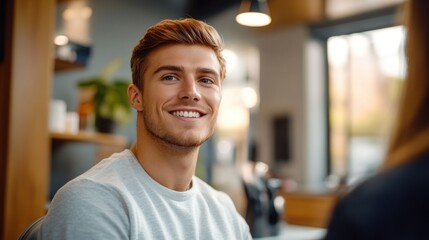 Young man smiles during conversation in a cafe setting in the afternoon light