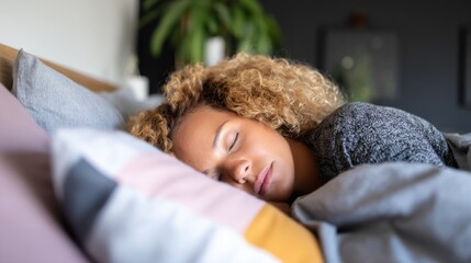 Woman sleeps peacefully on a bed with colorful pillows at home in a cozy setting