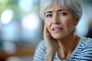 Woman shows signs of discomfort while sitting indoors during the day