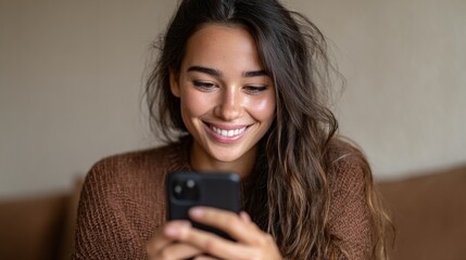 Young woman smiles while using smartphone in indoor setting with soft lighting and casual clothing
