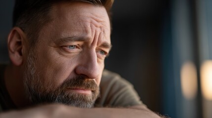 Man gazes thoughtfully out of a window in a room during the evening hours of a quiet day