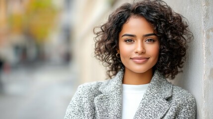 Woman stands against a wall smiling in a city at an outdoor location on a sunny day
